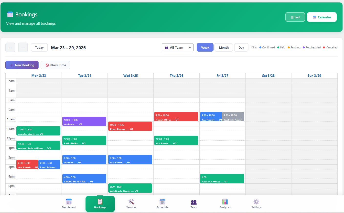 Bookings calendar view